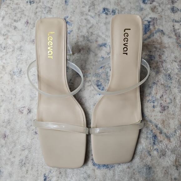 Leevar Cream Leather Square Toe Strappy Heels Women 8.5 Chunky Slip On Formal - Picture 3 of 6